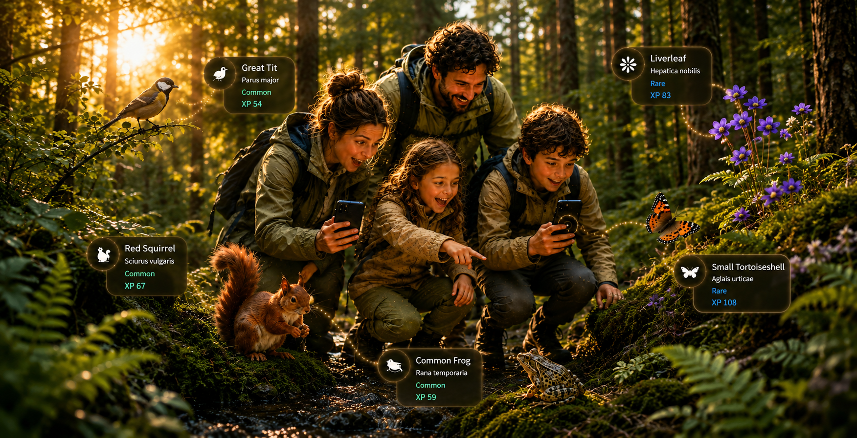 A family discovering species together in the forest