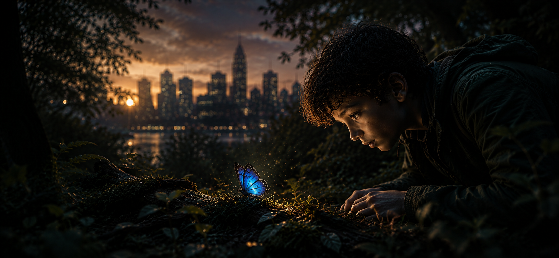 A boy discovering a glowing blue butterfly at dusk